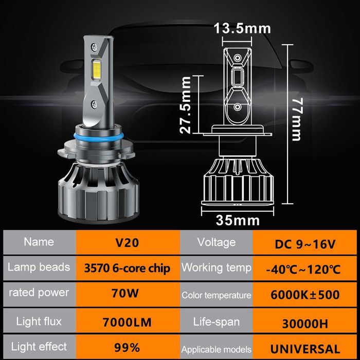 Set 2 Leduri H7,H11,HB4,HB3 Cambus 120w Lumina Alb Rece 6000K modelV20