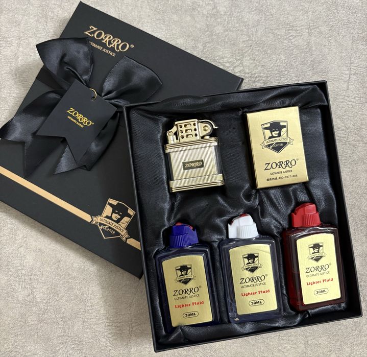 Бензиновая зажигалка набор. Зажигалка Zorro с бензином. Подарочный наб