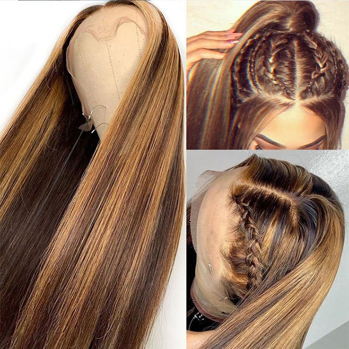 Естествена перука кафява с руси кичури 70-75 см - Lace Front 13x6