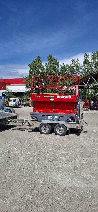 Nacela foarfeca electrica de vanzare cu remorca, Haulotte Compact 14, 14m, an 2014, baterii noi, ISCIR, 9700 euro