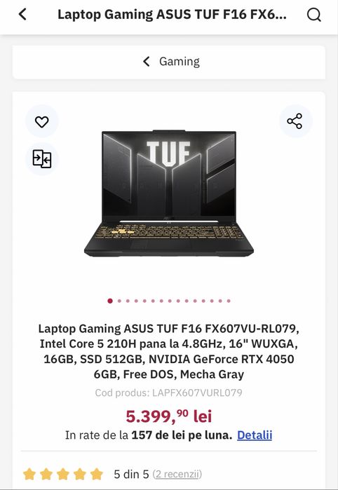 ASUS TUF Gaming F16, Intel Core 5 210H, RTX 4050 6GB, 16GB RAM, cu garanție până în 2027