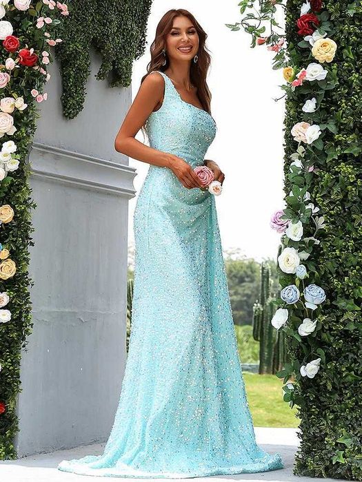 Официална дълга пайетена рокля с А-линия в небесносин цвят - М размер