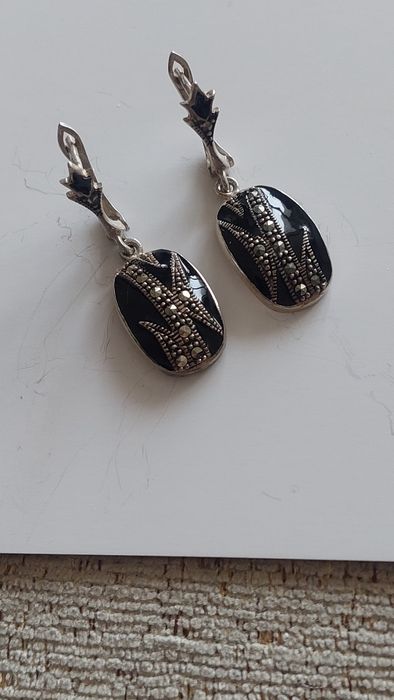 Стар сребърни обеци с черен оникс и марказитом