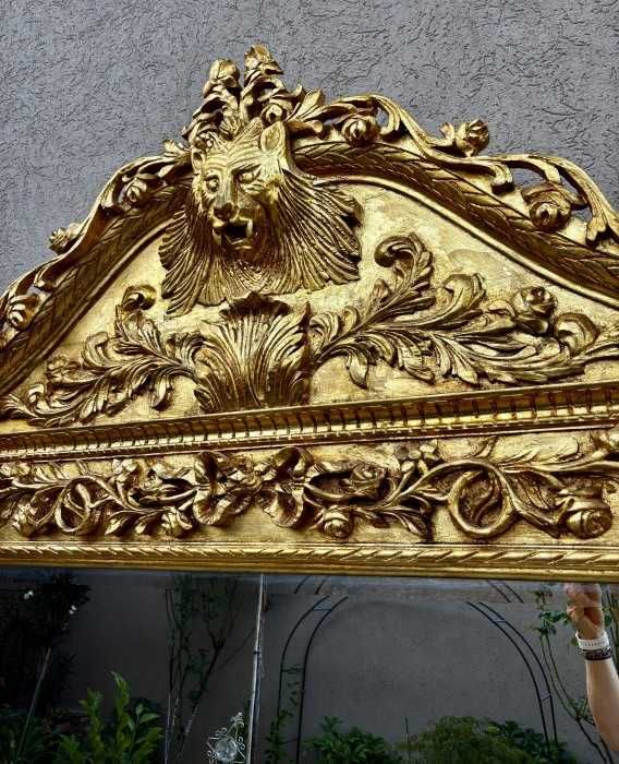 Spectaculoasa oglinda-consola-rococo-decor central cap de leu-marmura-cristal bizotat-Franta