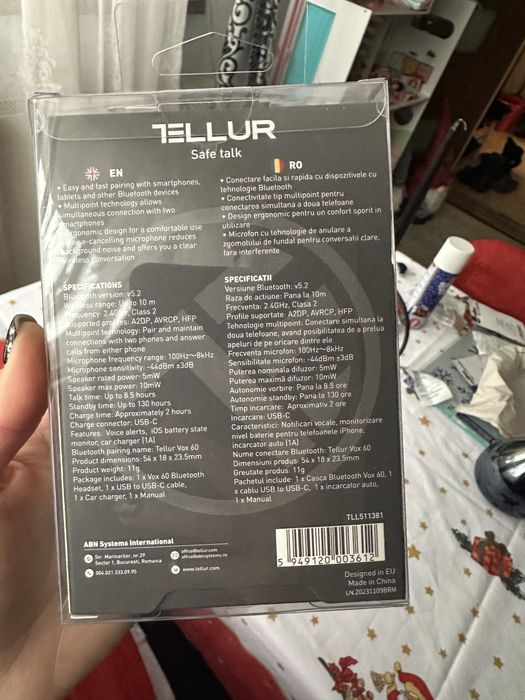 Casca Bluetooth Tellur Vox 60, incarcator auto, negru