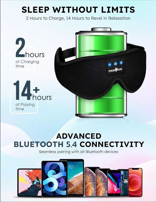 MUSICOZY слушалки за сън, Bluetooth 5.4 маска за сън, слушалки с лента за глава, безжични  слушалки с HD стерео високоговорители