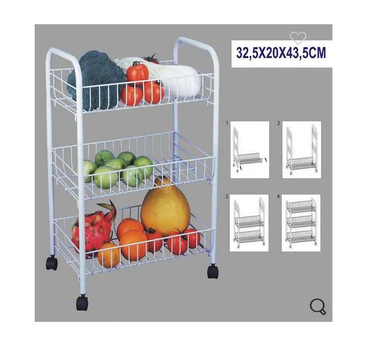 Кухненска етажерка, За съхранение, 3 рафта, На колелца, Бял