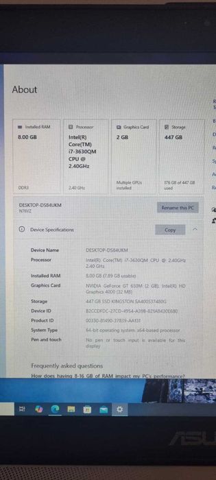 Laptop i7 / ASUS N76, 8GB DDR3,SSD 500GB, GT650M 2GB, baterie moarta