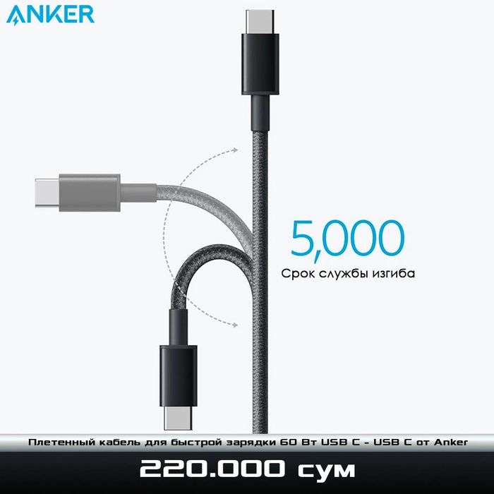 Плетенный кабель для быстрой зарядки 60 Вт USB C - USB C от Anker