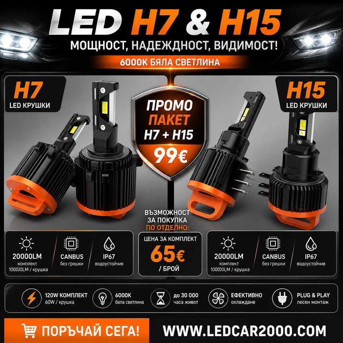 ПРОМО ПАКЕТ LED КРУШКИ H7 + H15 – САМО 99 €