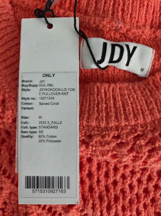 Pulover JDY din bumbac și poliester, mărimea M, culoare coral