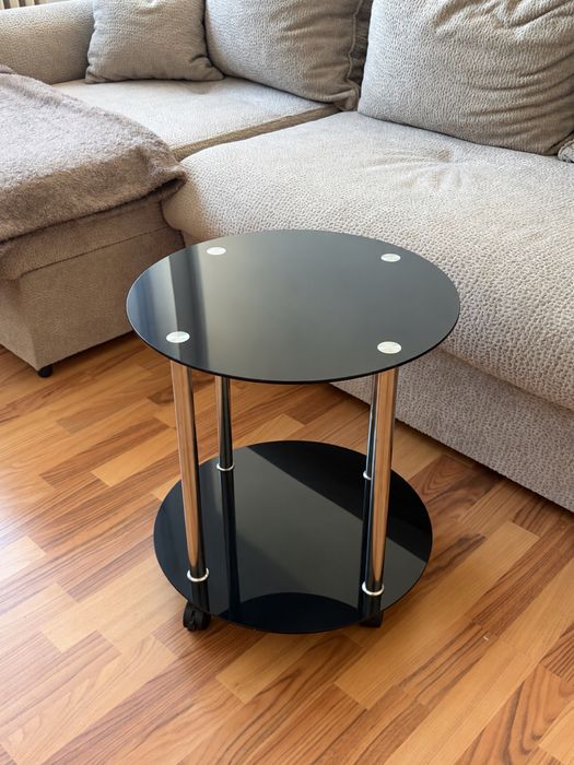 Măsuță de cafea din sticlă neagră, cu roți, diametru 45 cm