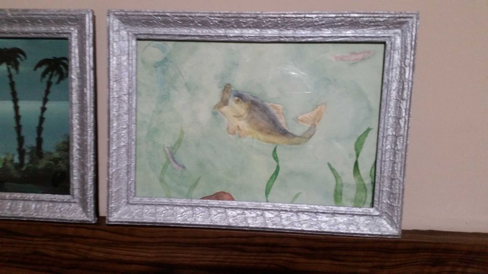 Море с палми и 2 платноходки. Рисувана картина с рамка.