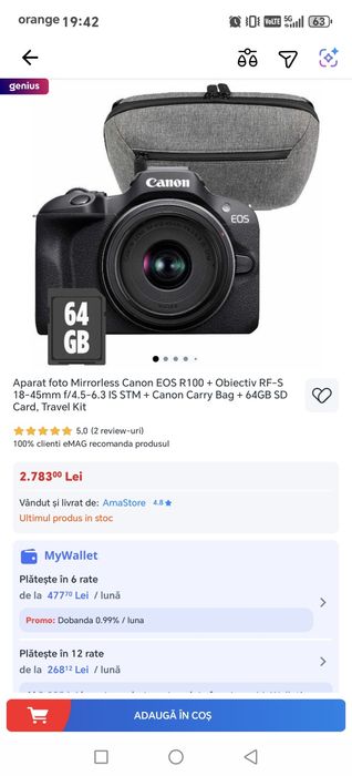 Aparat foto Mirrorless Canon EOS R100 + Obiectiv RF-S 18-45