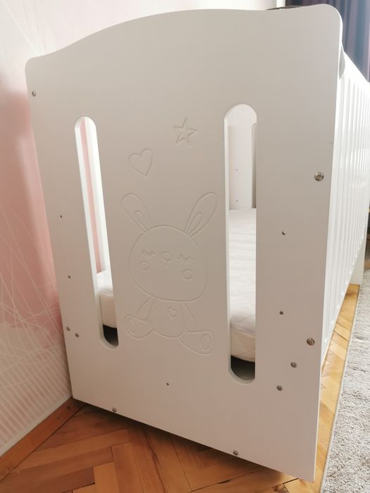 Дървена Бебешка кошара TELMA 60/120 - Бял цвят + двулицев  матрак