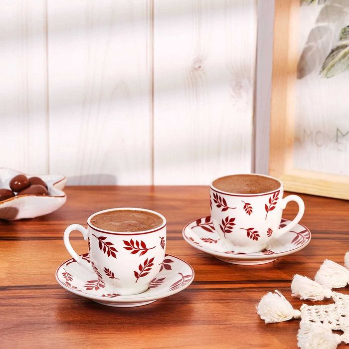 Комплект 2 чаши за кафе с чинийки, ПОРЦЕЛАН, 90 мл