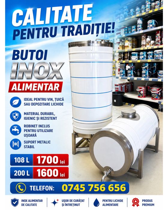 Butoi Inox Alimentar Premium – Ideal pentru Vin, Țuică, Depozitare (108L / 200L)