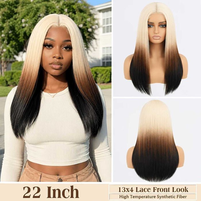 Ефектна русо към кафяво и черно омбре права перука 60 см –  Lace Front 13×4