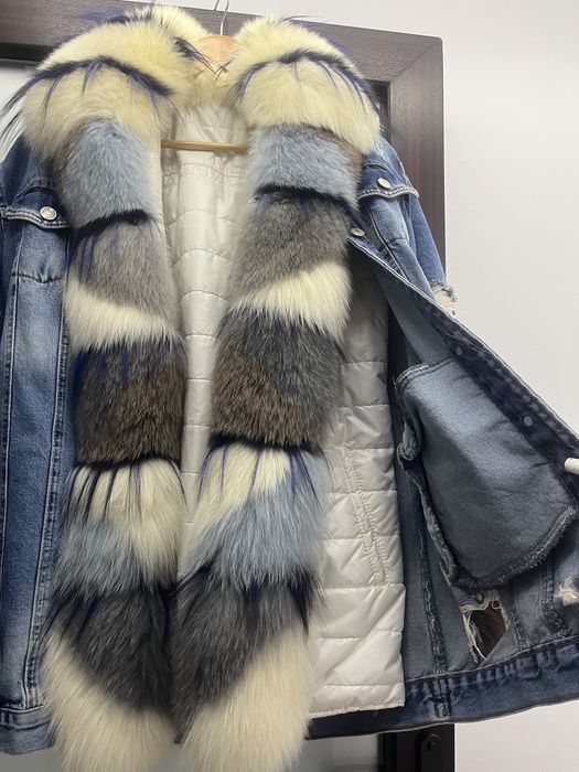 Geaca Dilvin Denim cu Blana Naturara de Vulpe- Detaşabilă