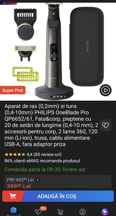 Aparat de tuns barba PHILIPS OneBlade Pro QP6550/15, Litiu-Ion, Acumulator, Autonomie 120 min, Umed si uscat