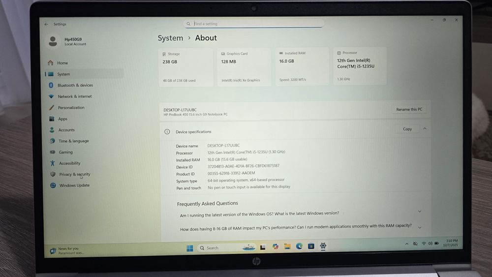 Laptop Hp Probook 450 G8, i5 gen11, 16Gb, ssd256, 15,6Fhd, windows11