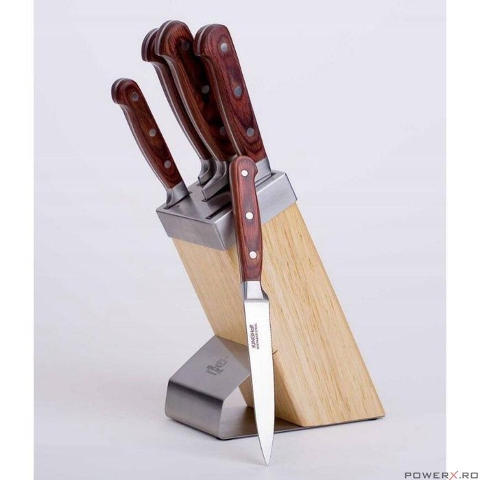 Set cutite Inox, 6 piese, suport patrat din lemn, mâner Pakka maro,