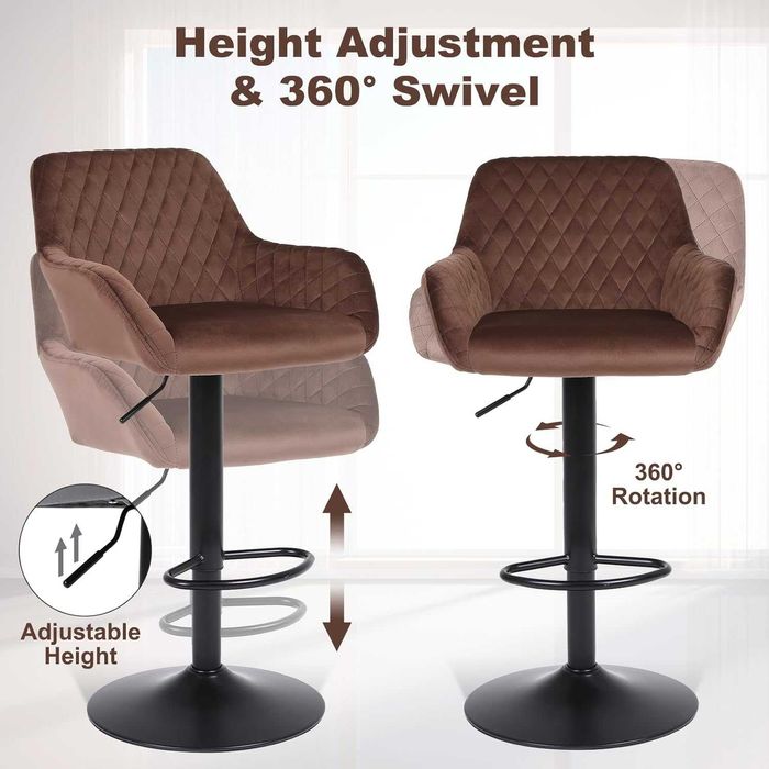 Set 2 scaune de bar maro, catifea, reglabile pe inaltime, rotative 360° – noi