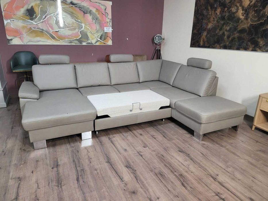 ПРОМОЦИЯ!!!Бежов П-образен ъглов диван от плат Sambia с функция сън