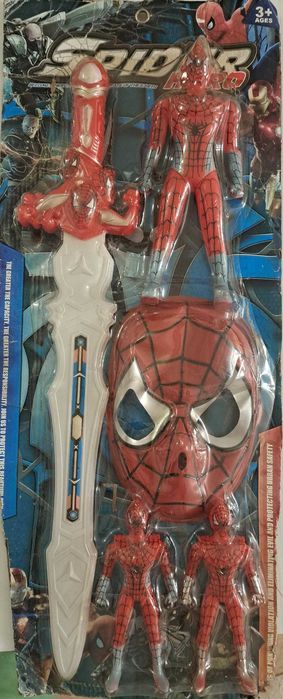 NOU - Set Spider Man 5 piese, sabie, masca, 3 figurine mari Spider Man