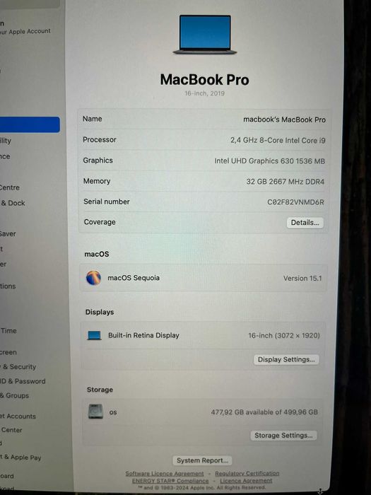 Apple MacBook 16"-TouchBar-A2141-2019-i9-9980-32GB -512GB SSD-AMD5300