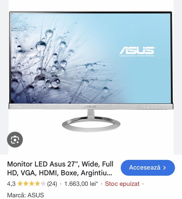Monitor LED Asus 27", Wide, Full HD, VGA, HDMI, Boxe, Argintiu, MX279H