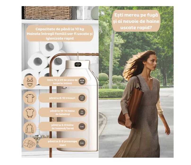 Uscator de rufe electric, pliabil cu sterilizare UV, ecran tactil