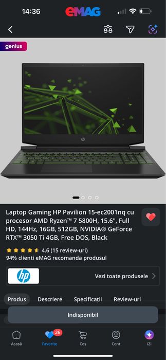 Laptop Gaming HP Pavilion AMD R7 5800H 15,6 FULL HD 144Hz 16GB RAM  512GB SSD  Nvidia 3050Ti 4GB