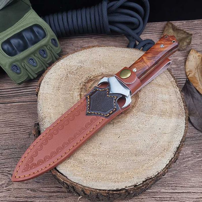 Cutit Sabie cu lama dublu tăiș, otel M390, garda prindere, teaca piele