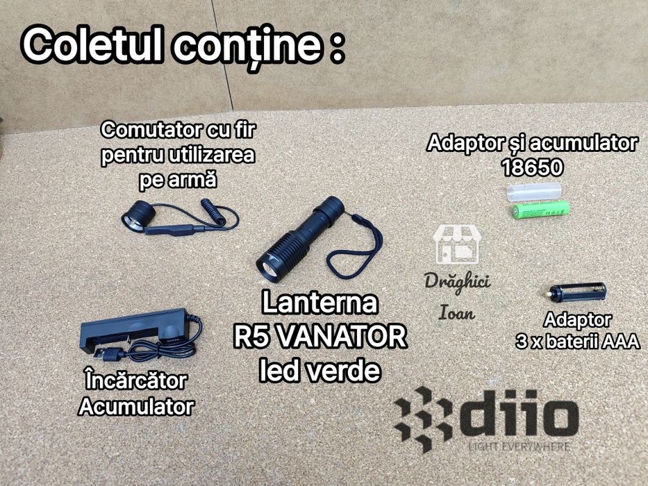 Lanterna R5 VANATOR - Kit lanterna cu lumina VERDE pt montare pe arma