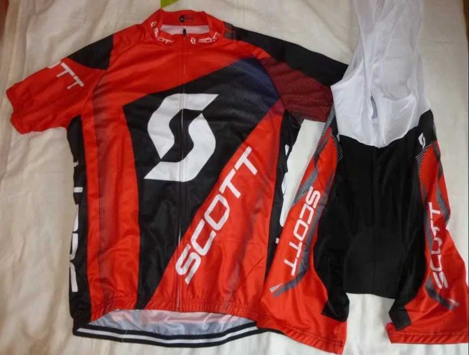 Echipament ciclism Scott negru rosu galben NOU set pantaloni tricou
