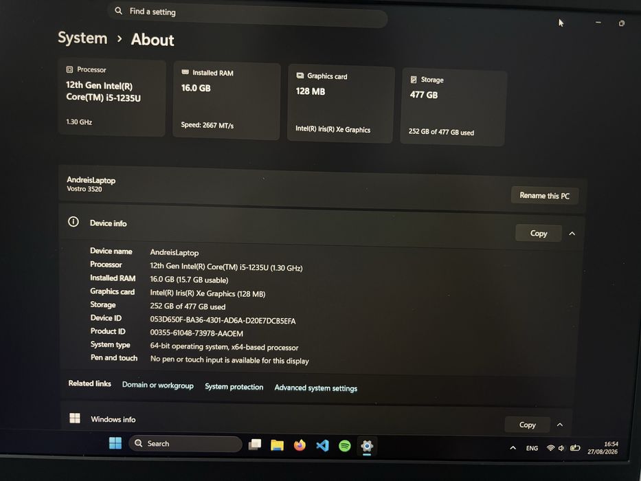 Laptop Dell Vostro 3520, i5 Gen 12, 16GB RAM, 512GB SSD, Windows 11 Pro