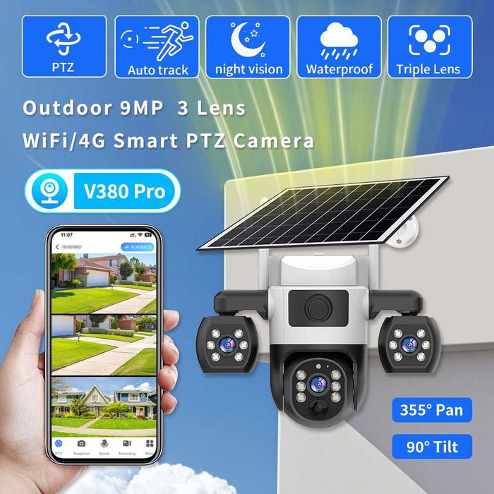 9MP V380 външна домашна камера безжична WiFi дистанционна триобективна HD интелигентна слънчева камера