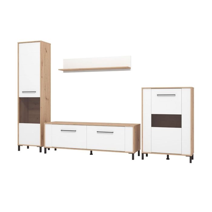 Biblioteca living, stejar artisan + alb, 298 cm, 3 corpuri