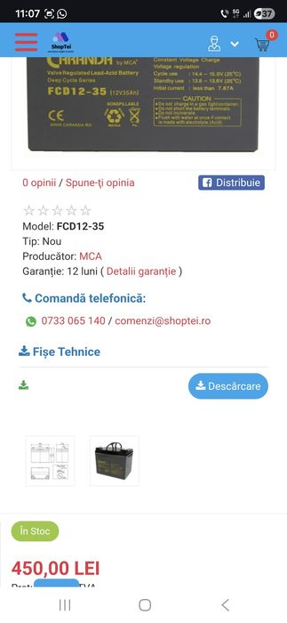 Baterie Deep Cycle Caranda 12V 35Ah – Utilizată foarte rar / Ca nouă