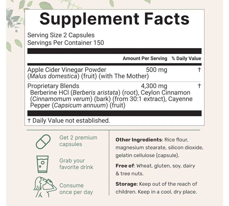Apple cider vinegar,olma sirkasi, 300 ta kapsula, berberine,4800 mg