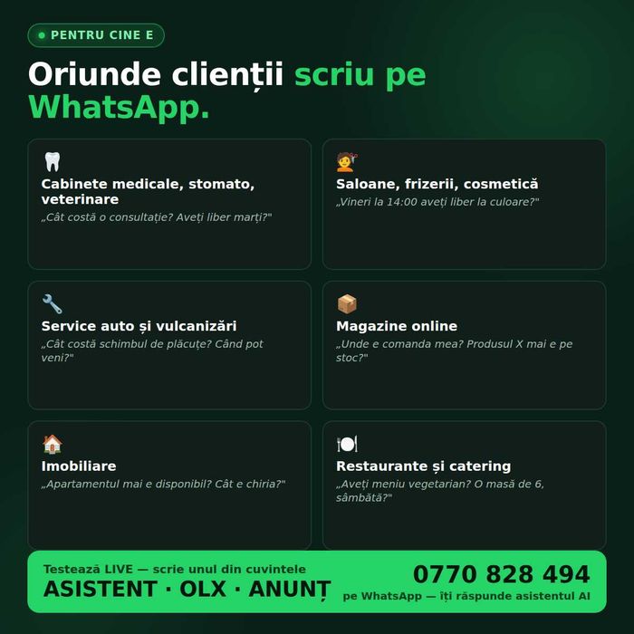 Asistent AI WhatsApp automatizari pentru afacerea ta răspunde și programează automat clienții. Testează LIVE pe numărul meu scrie asistent, OLX, anunț