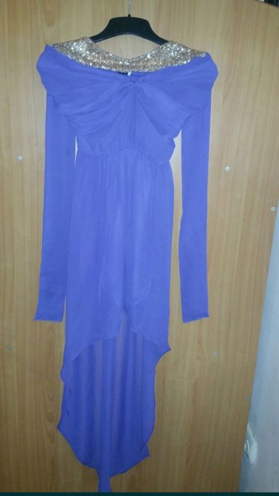 rochie asimetrica fara maneci voal albastra mov lila cordon talie mini