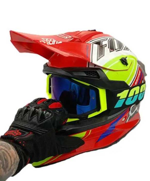 Кросова каска атв очила наколенки с налакътници и ръкавици комплект