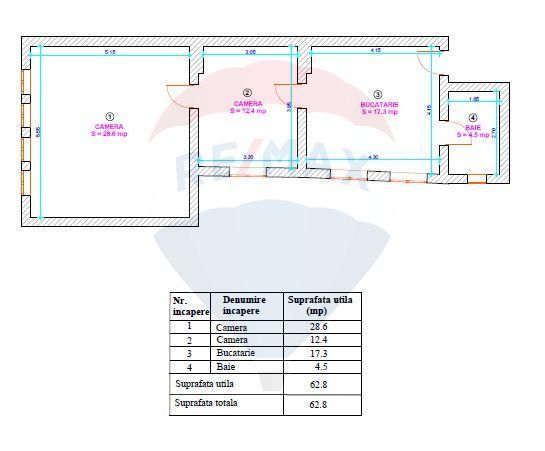 Apartament 2 camere – Centrul Istoric, str.Tribunei – Etaj 2 – 62.8 mp