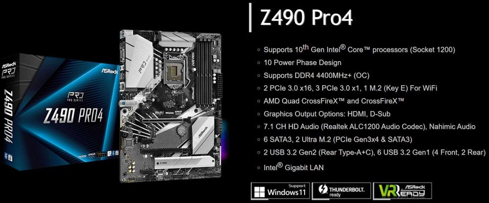 Дъно Дънна платка ASRock Z490 Pro4 1200 DDR4 OVERCLOCK