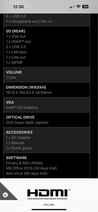 Mini PC MSI   MS-B062