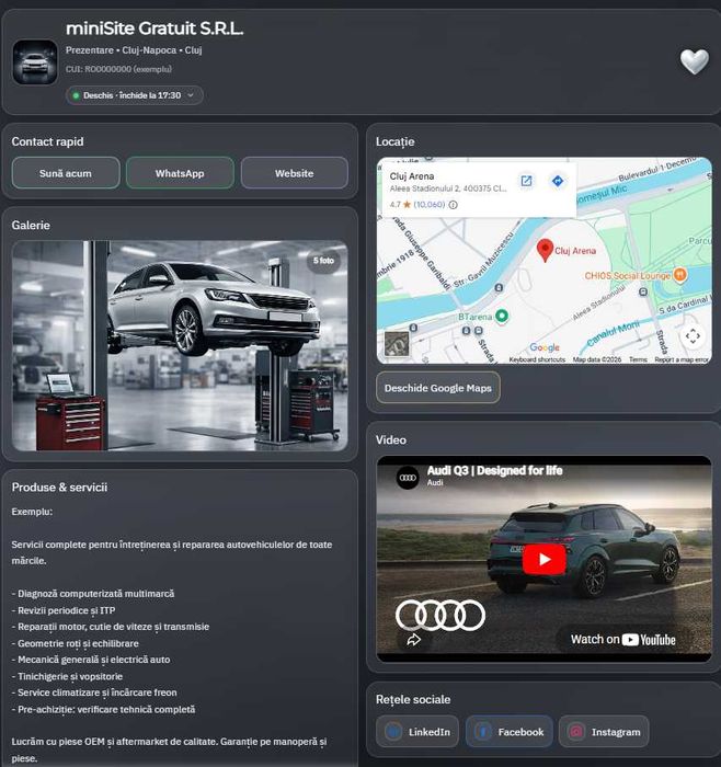 miniSite GRATIS pentru firme auto service vulcanizare detailing piese ITP chiptuning și alte 30 categorii. Fără cont Fără abonament gata în 5 min.