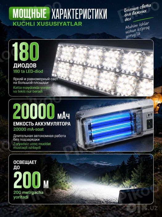 Аварийный прожектор 180 LED, 20000 мАч,  3 режима, магнит и крючок