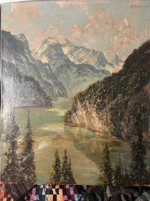 Tablou vechi ulei pe panza - Peisaj Montan Alpin - Semnat